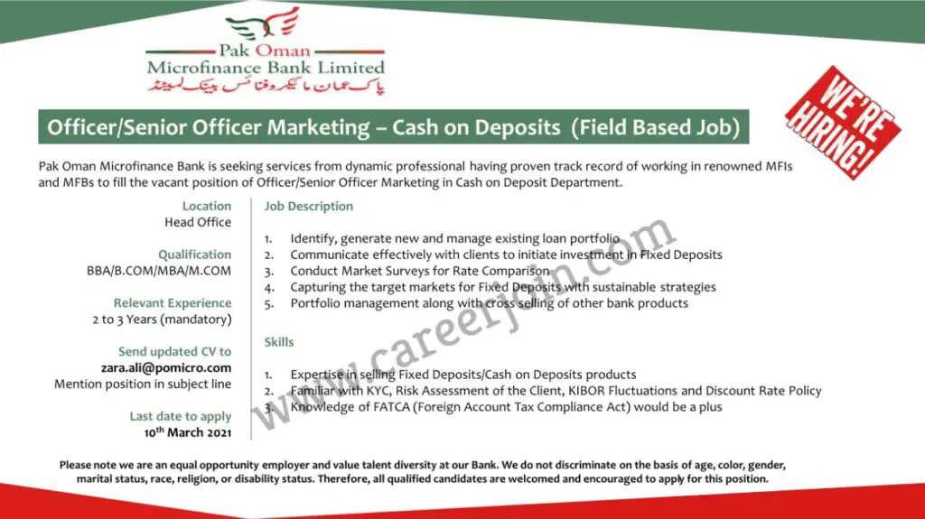 Pak Oman Microfinance Bank Ltd Jobs 23 February 2021 Picture