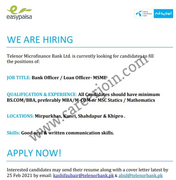 Telenor Microfinance Bank Ltd Jobs 22 February 2021 Picture