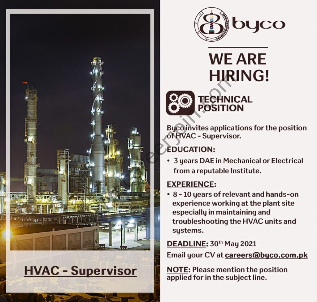 Byco Petroleum Pakistan Ltd Jobs HVAC Supervisor