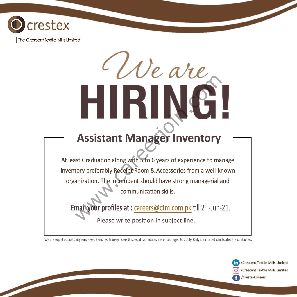 Crescent Textile Mills Limited CTM Jobs Assistant Manager Inventory