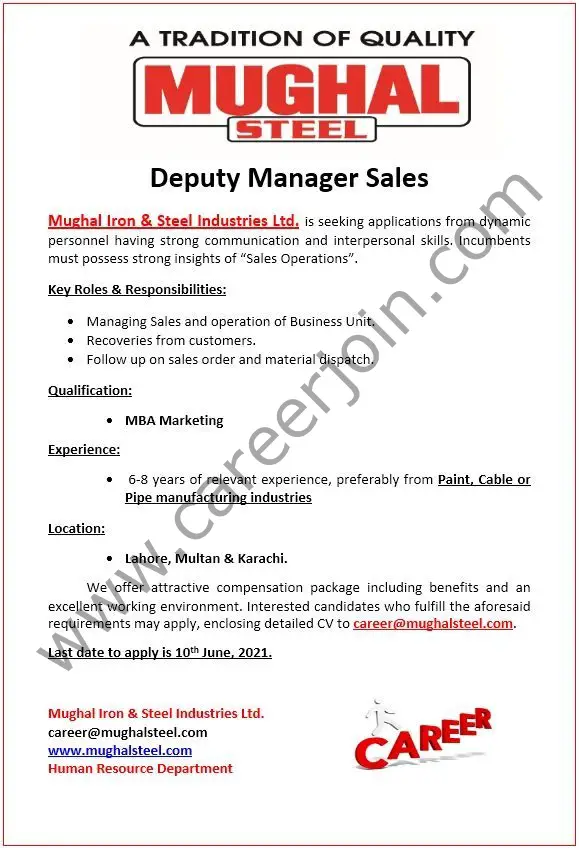 Mughal Steel Jobs Deputy Manager Sales
