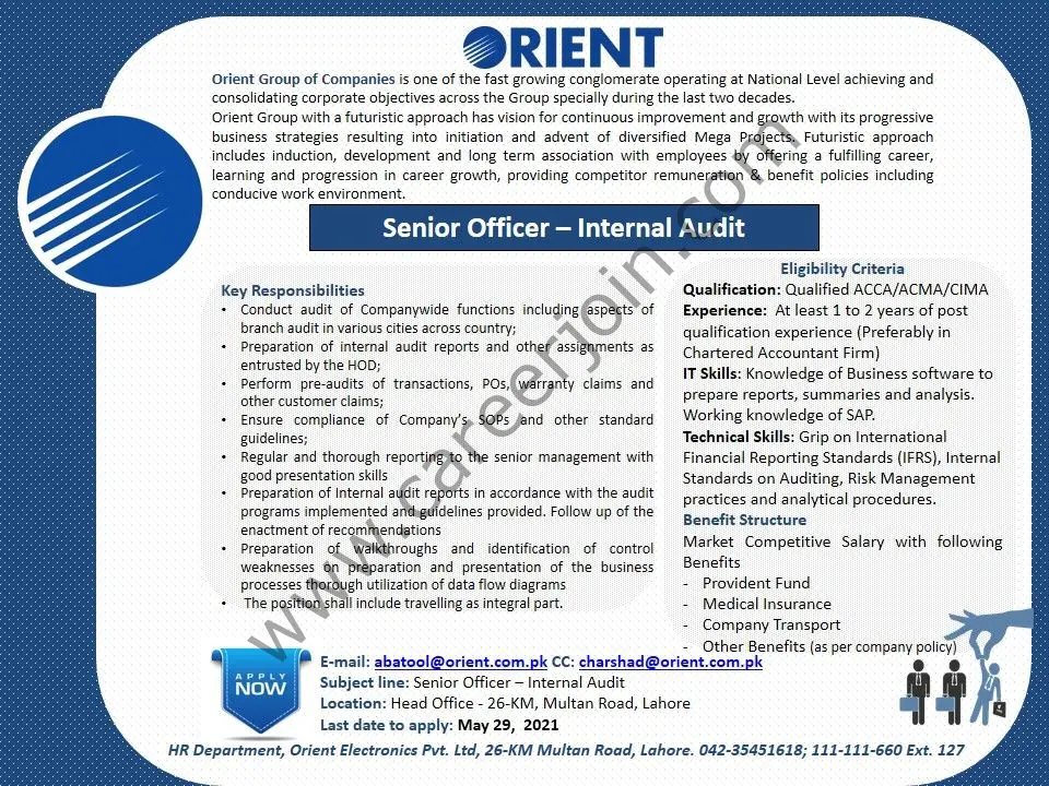 Orient Group of Companies Jobs Senior Officer Internal Audit