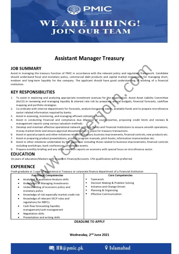 Pakistan Microfinance Investment Company PMIC Jobs Assistant Manager Treasury