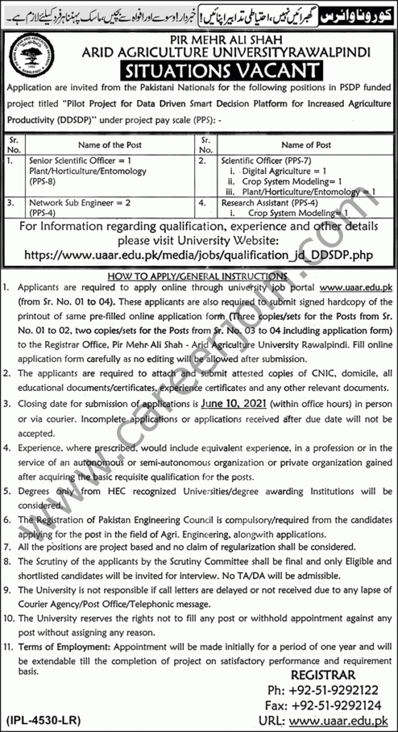 Pir Mehr Ali Shah Arid Agriculture University Jobs May 2021