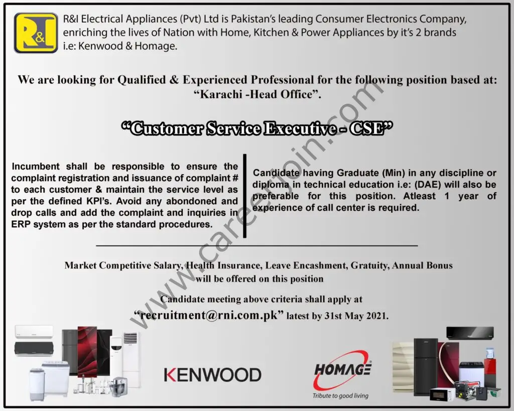R&I Electrical Appliances Pvt Ltd Jobs Customer Service Executive CSE