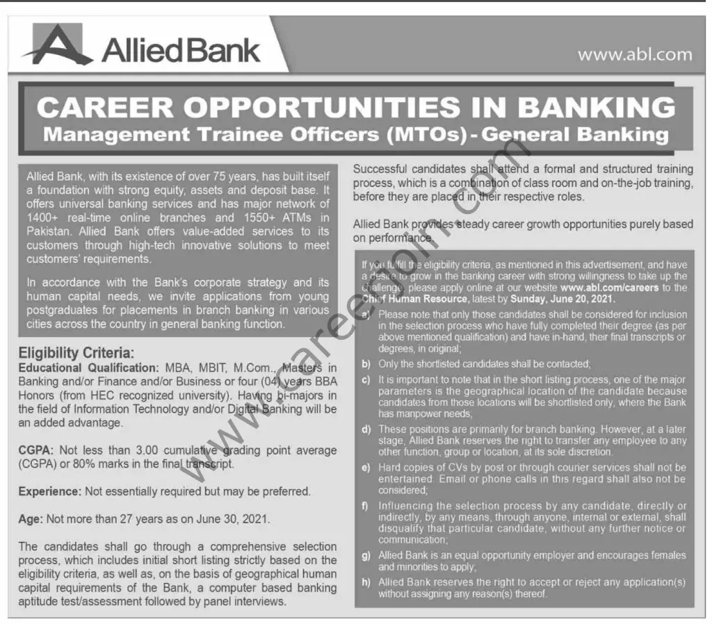 Allied Bank Ltd ABL Management Trainee Officers MTOs Jobs 13 June 2021 Dawn