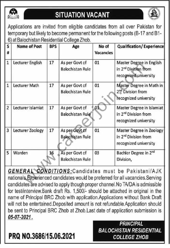 Balochistan Residential College Zhob Jobs 16 June 2021 Dawn