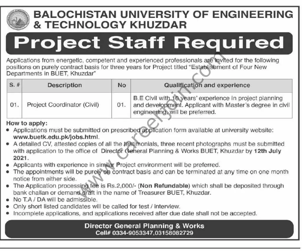 Balochistan University of Engineering & Technology Khuzdar Jobs 26 July 2021