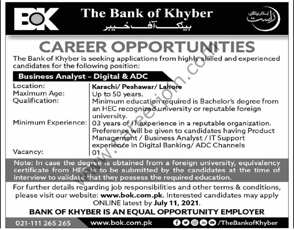Bank of Khyber Jobs 27 June 2021 Dawn