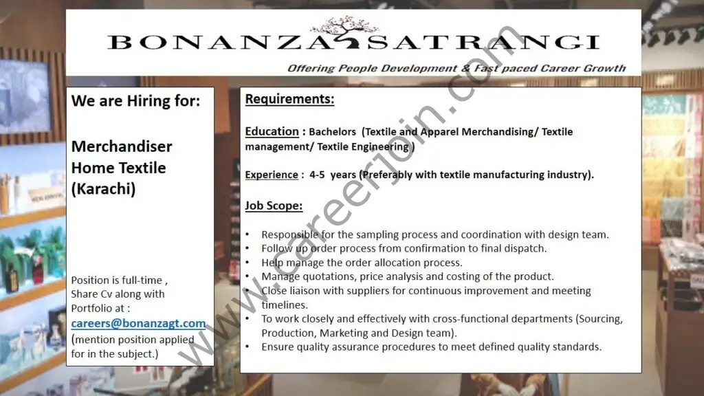 Bonanza Garments Industries Pvt Ltd Jobs Merchandiser Home Textile