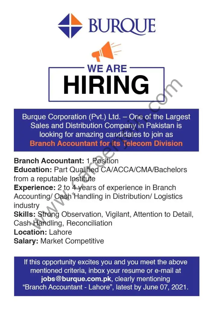 Burque Corporation Pvt Ltd Jobs Branch Accountant