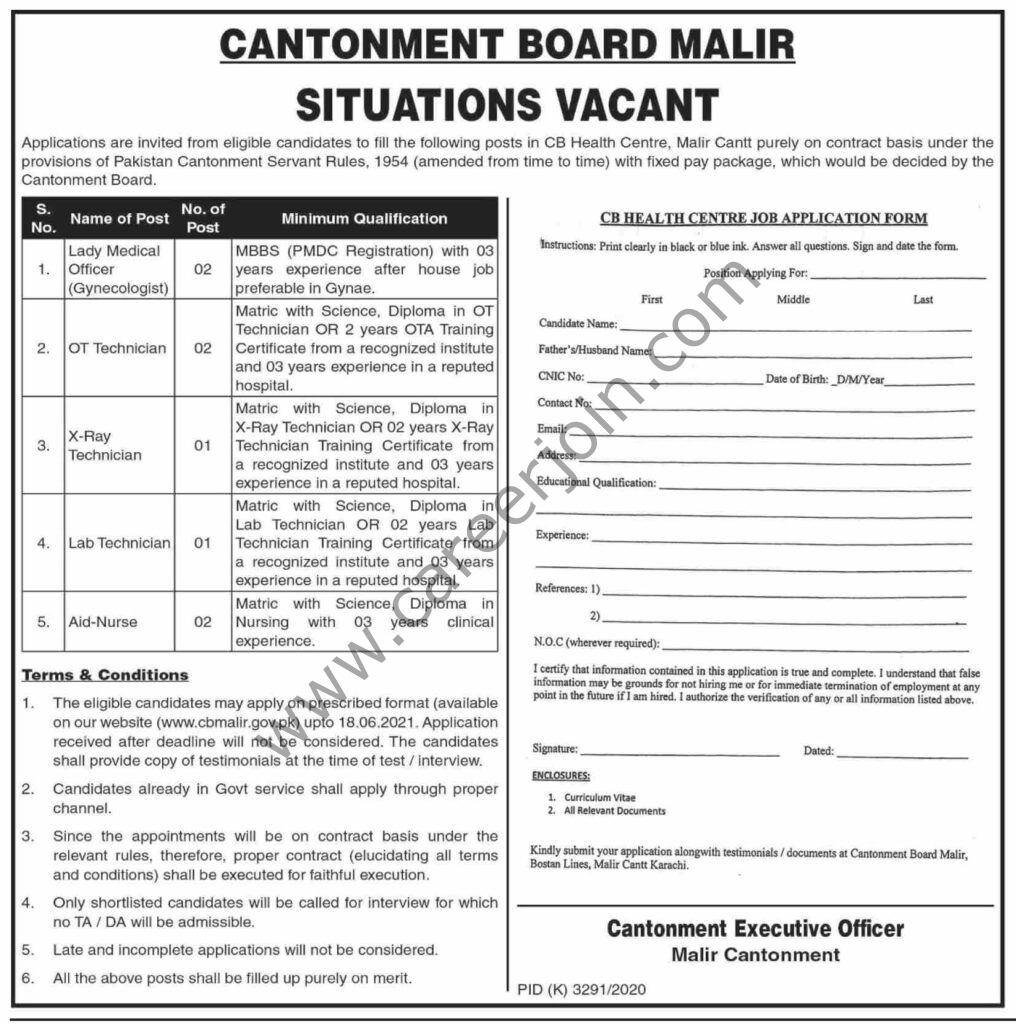 Cantonment Board Malir Jobs June 2021