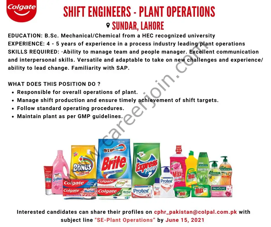Colgate Palmolive Pakistan Ltd Jobs Shift Engineers