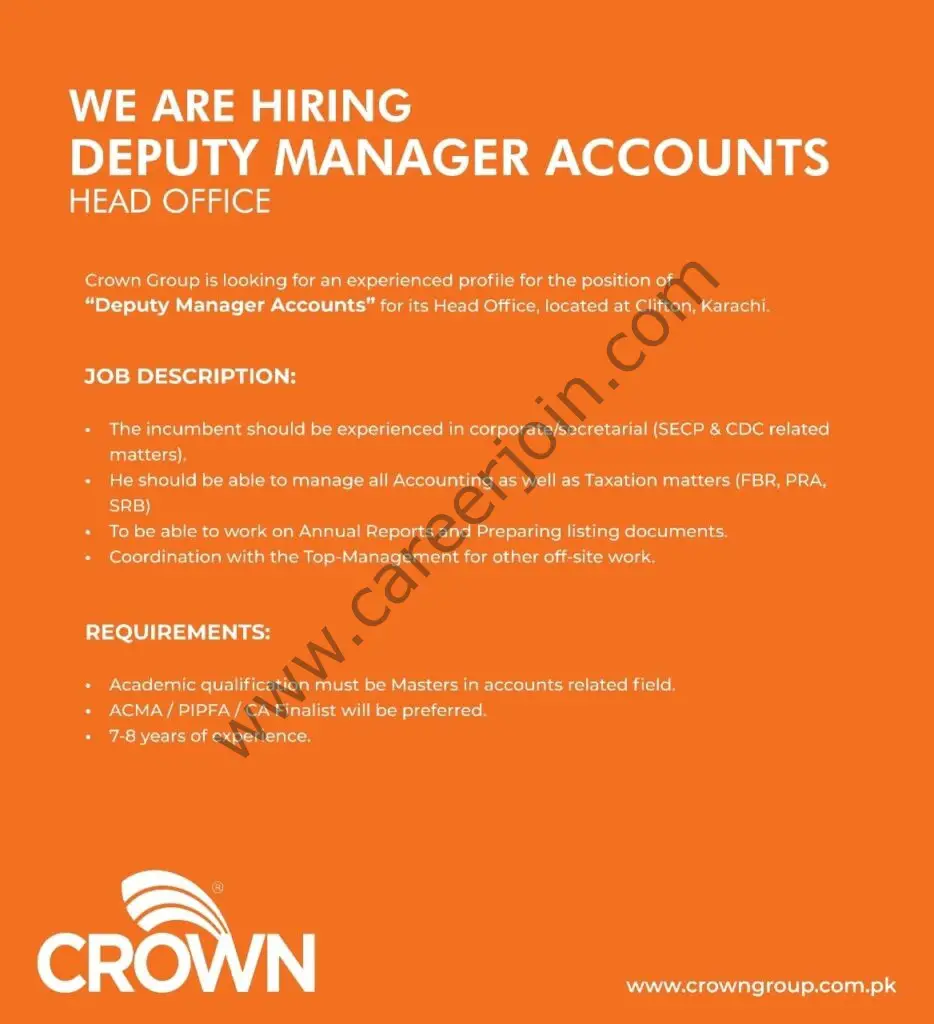 Crown Group of Companies Jobs Deputy Manager Accounts