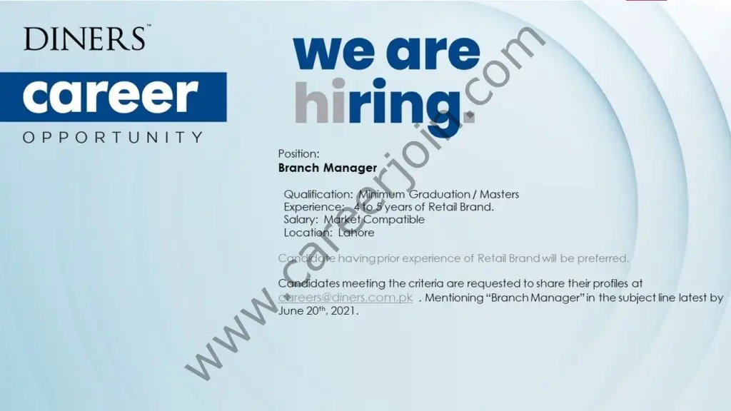 Diners Pakistan Jobs Branch Managers