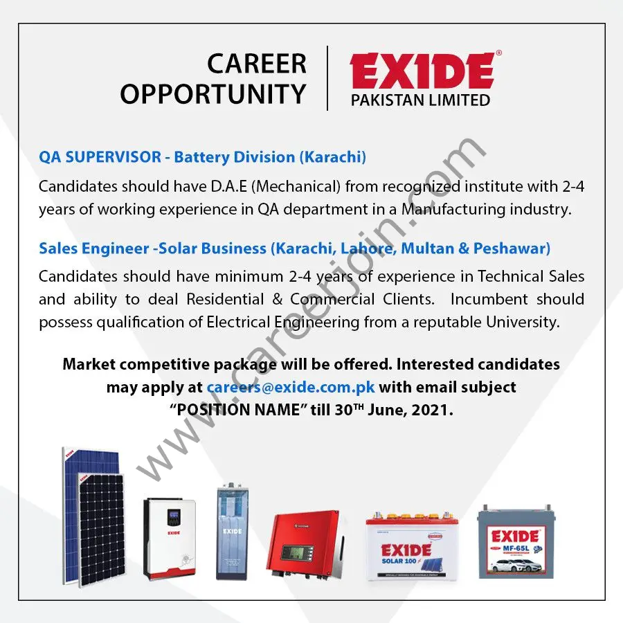 Exide Pakistan Ltd Jobs June 2021