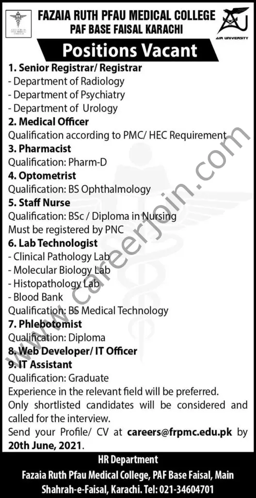Fazaiz Ruth PFAU Medical College Jobs June 2021