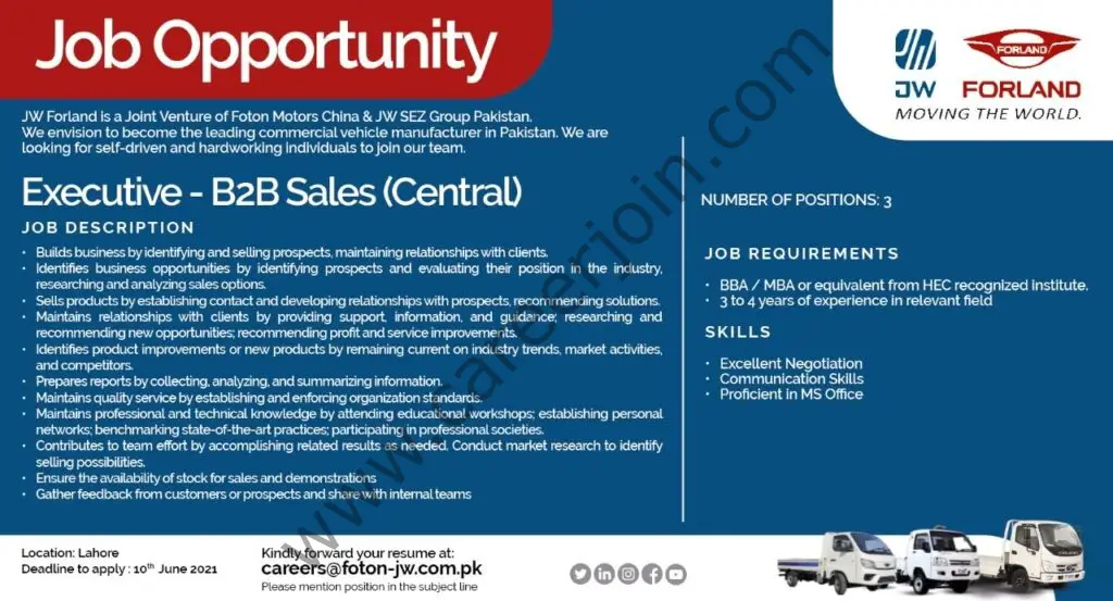 Foton JW Auto Park Pvt Ltd Jobs Executive B2B Sales