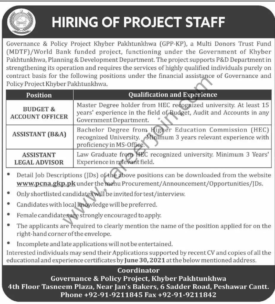 Governance & Policy Project Khyber Pakhtunkhwa GPP KP Jobs June 2021