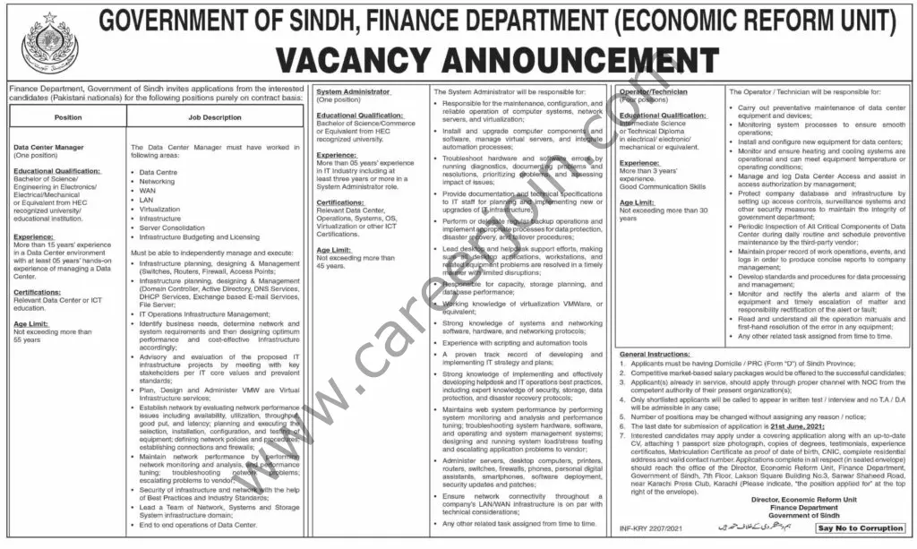 Govt of Sindh Finance Department Jobs June 2021