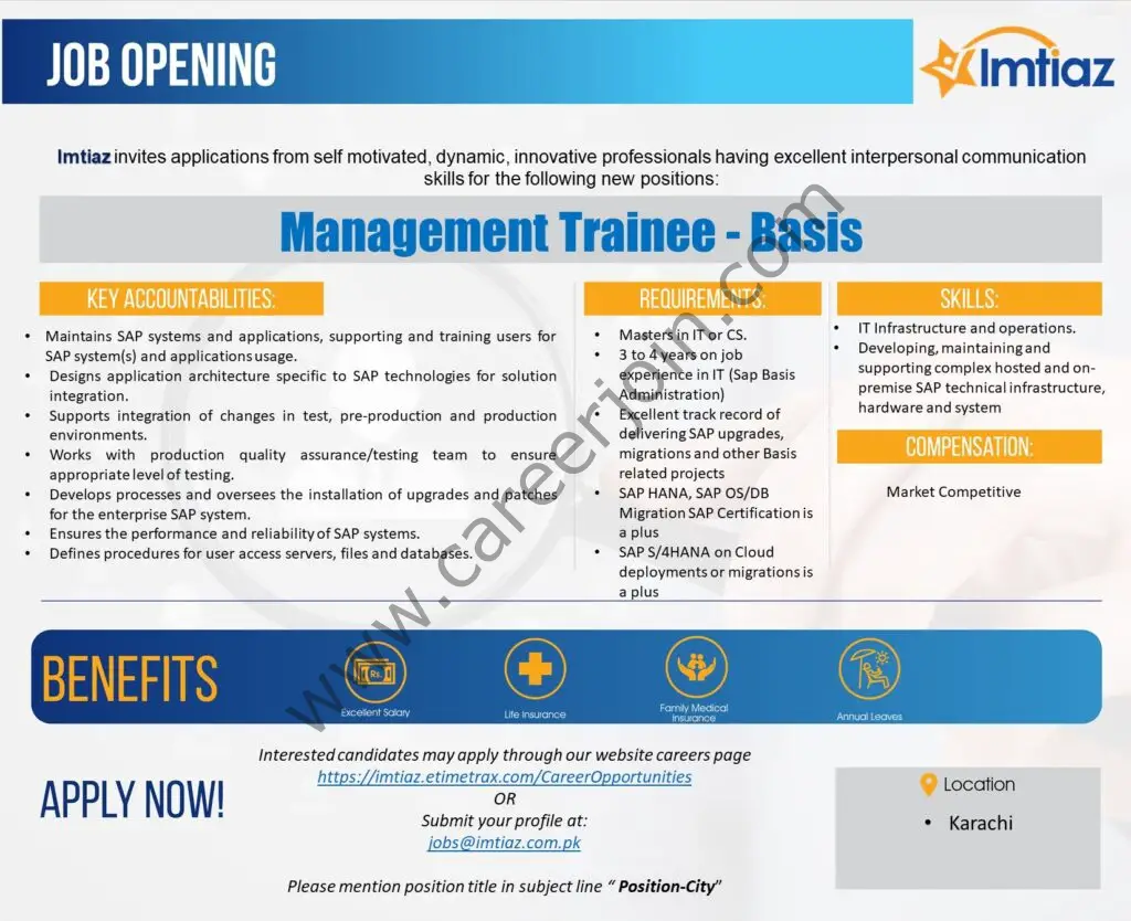 Imtiaz Super Market Jobs Management Trainee SAP Basis