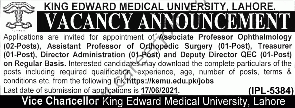 King Edward Medical University KEMU Jobs June 2021