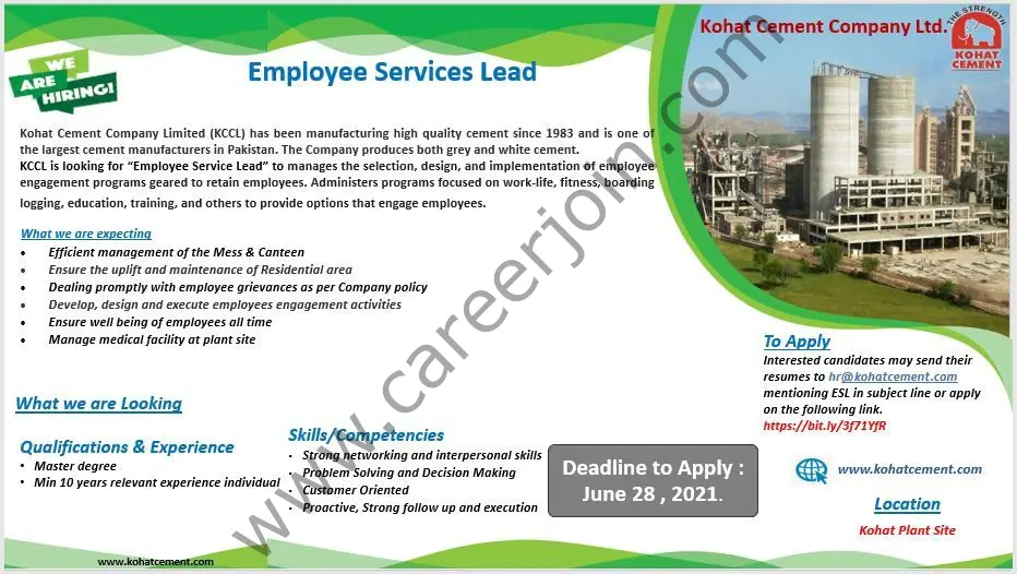 Kohat Cement Company Ltd Jobs Employee Servicer Lead