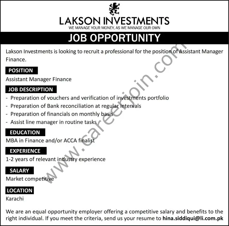 Lakson Investments Ltd Jobs Assistant Manager Finance
