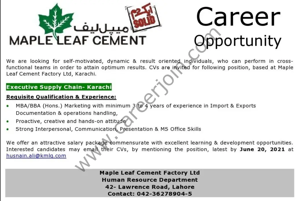 Maple Leaf Cement Jobs Executive Supply Chain