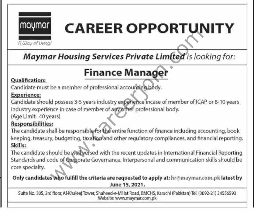 Maymar Housing Sevices Pvt Ltd Jobs Finance Manager