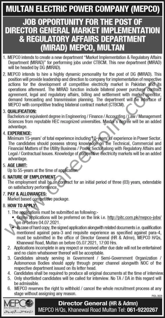 Multan Electric Power Company MEPCO Jobs Director Market