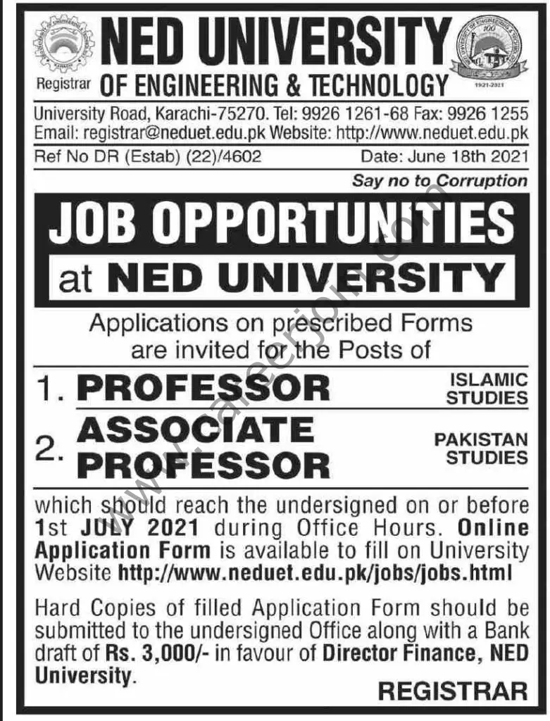 NED University Jobs June 2021