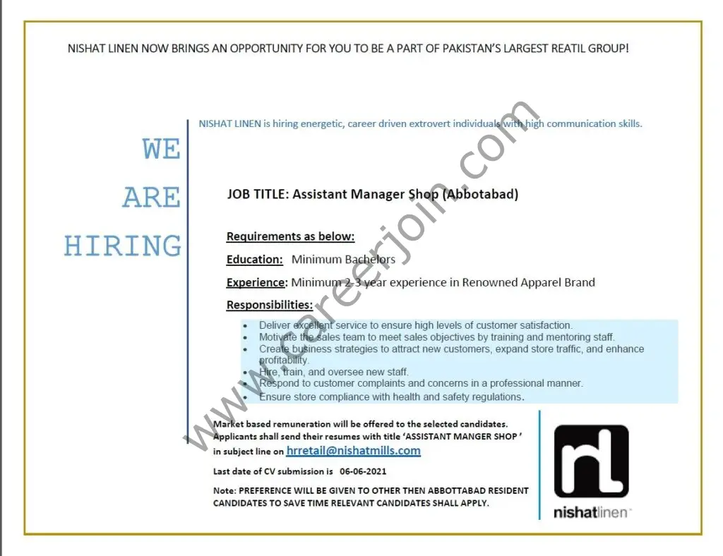 Nishat Linen NL Jobs June 2021 01
