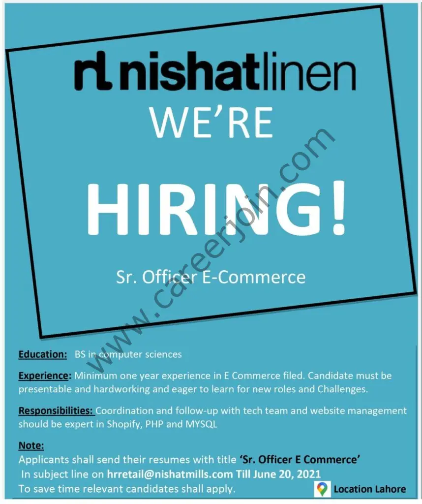 Nishat Linen NL Jobs Senior Officer E-Commerce