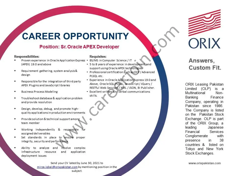 ORIX Leasing Pakistan Ltd OLP Jobs Senior Oracle APEX Developer
