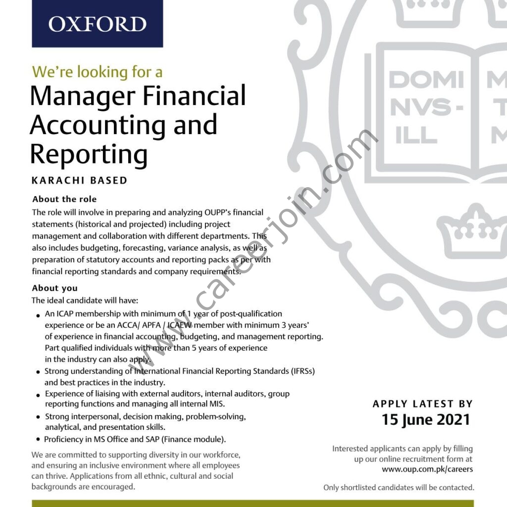 Oxford University Press Pakistan OUP Jobs Manager Financial Accounting & Reporting