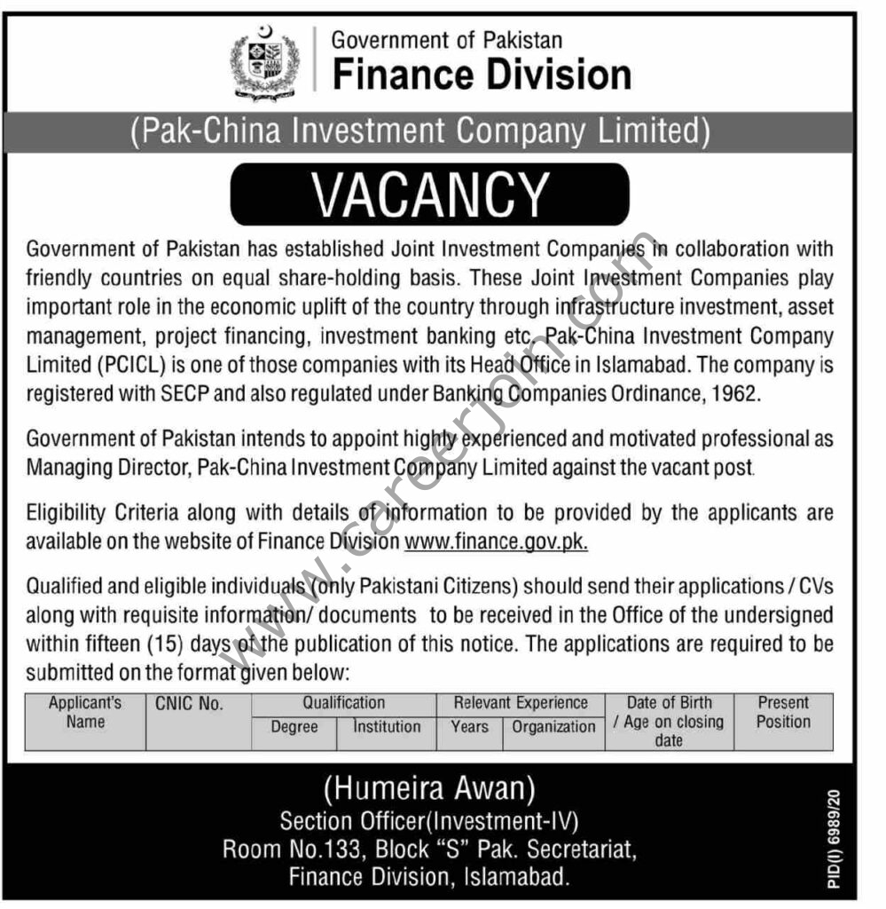 Pak-China Investment Company Ltd Finance Division Govt of Pakistan Jobs 20 June 2021 Dawn