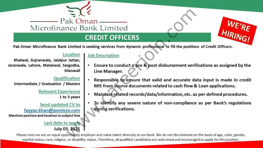 Pak Oman Microfinance Bank Ltd Jobs 25 June 2021