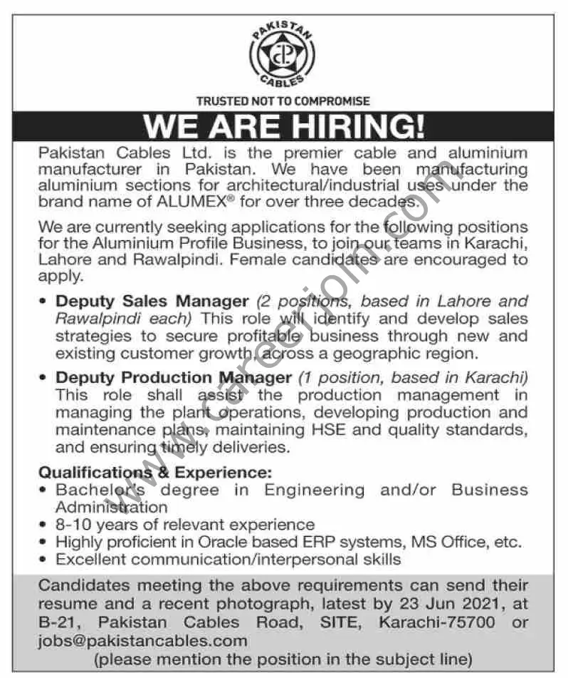 Pakistan Cables Ltd Jobs June 2021
