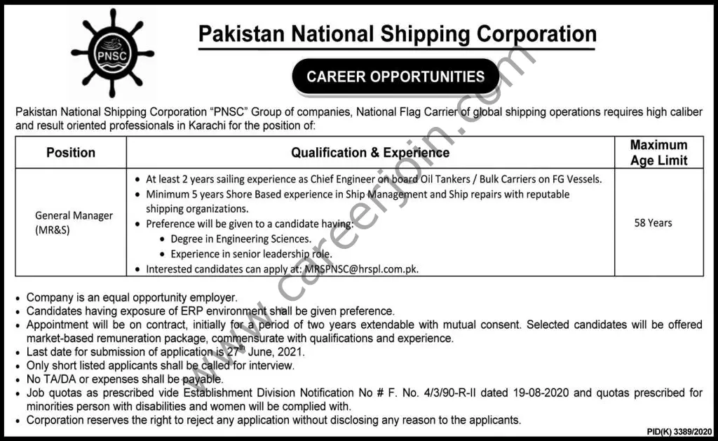 Pakistan National Shipping Corporation PNSC Jobs General Manager (MR&S)
