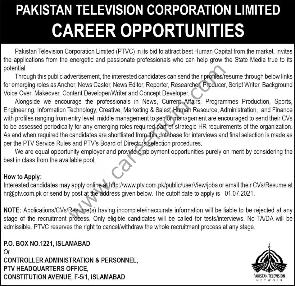 Pakistan Television Corporation Limited PTV Jobs June 2021