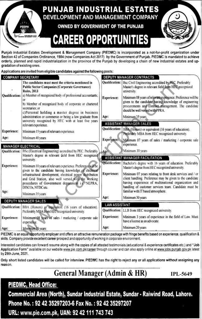 Punjab Industrial Estate Development and Management Company PIEDMC Jobs 13 June 2021 Jang