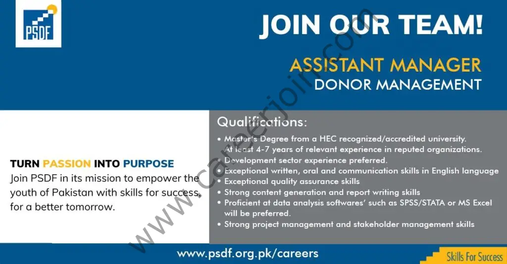 Punjab Skills Development Fund PSDF Jobs Assistant Manager Donor Management