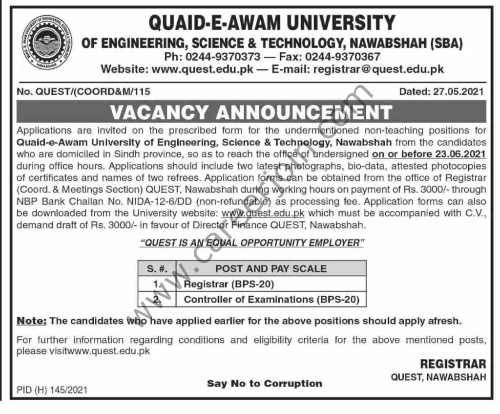 Quaid E Awam University of Engineering Science & Technology Jobs June 2021