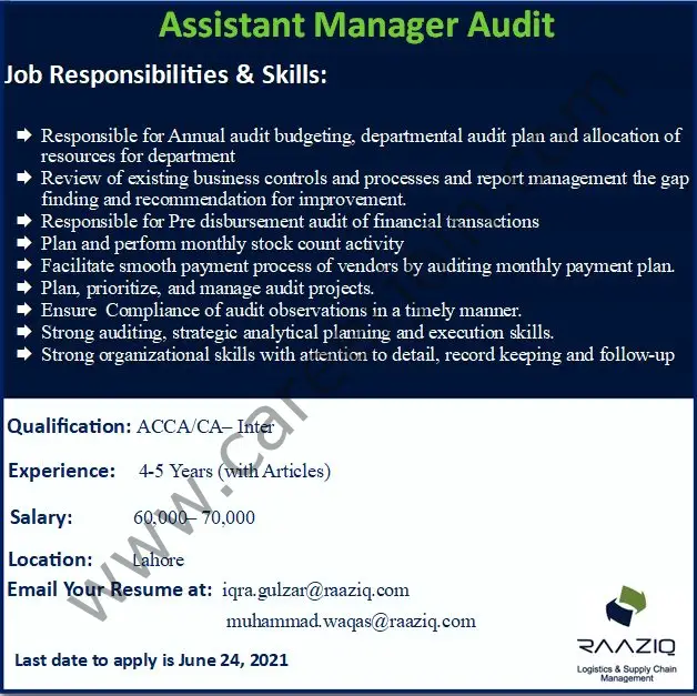 Raaziq International Jobs Assistant Manager Audit