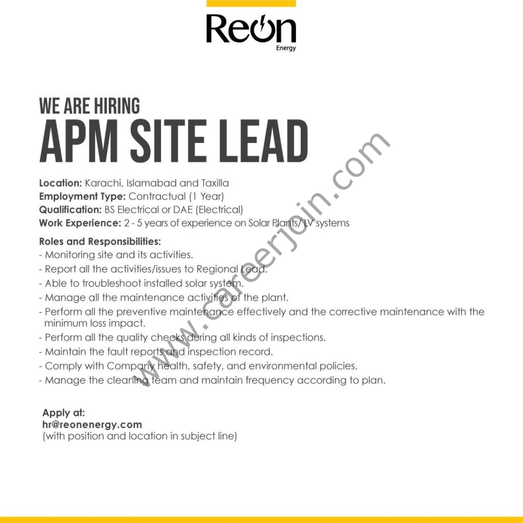 Reon Energy Ltd Jobs APM Site Lead