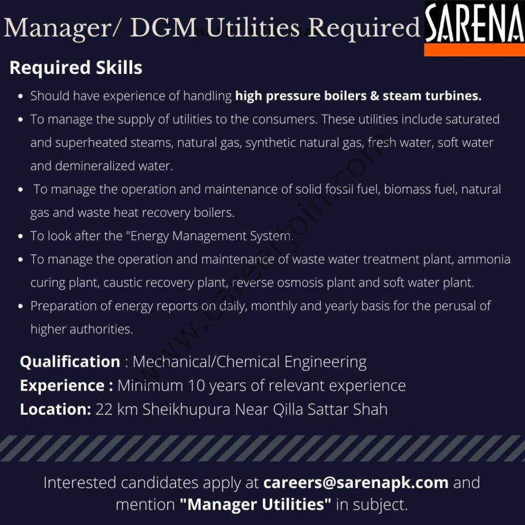 Sarena Industries Jobs Manager / DGM Utilities