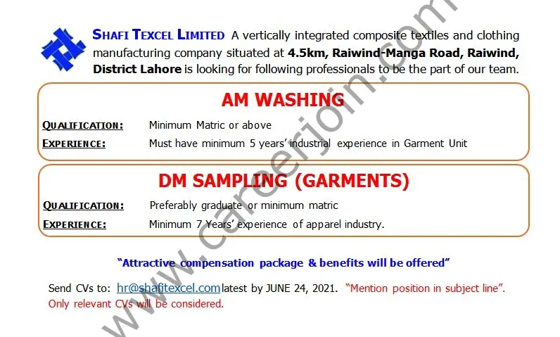 Shafi Texcel Ltd Jobs AM Washing DM Sampling