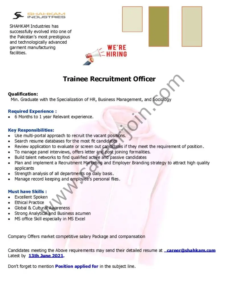 Shahkam Industries Pvt Ltd Jobs Trainee Recruitment Officer