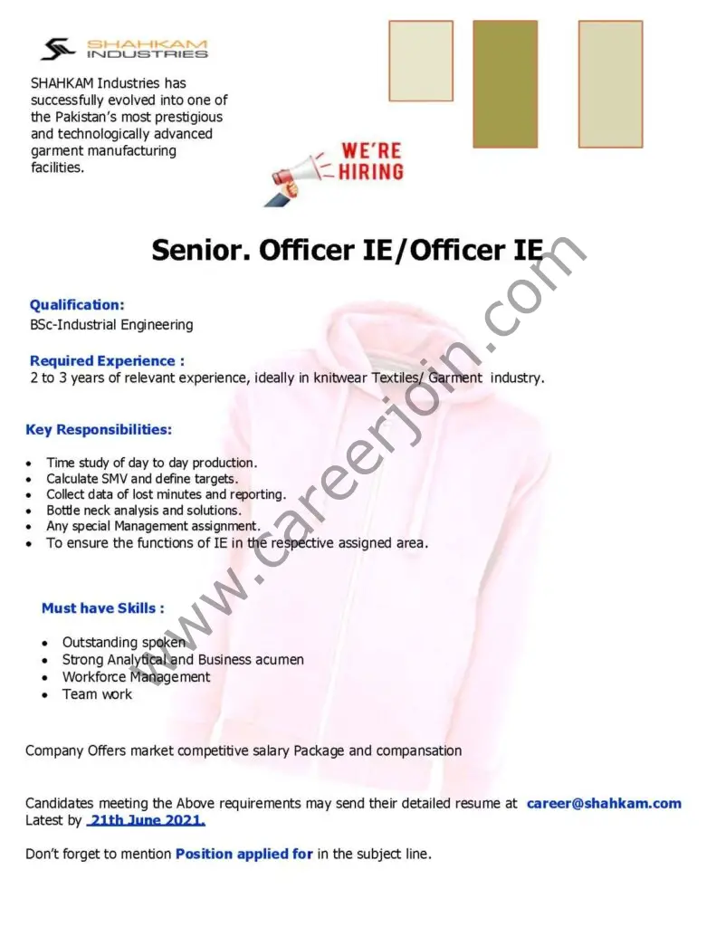 Shahkam Industries Pvt Ltd Jobs Senior Officer IE / Officer IE